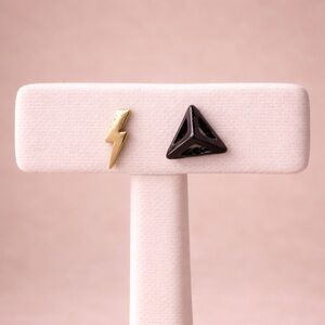 Mismatched Stud Earrings Lightning Bolt Triangle Black Gold Minimalist Edgy
